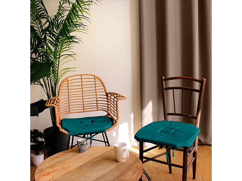Lot de 4 galettes de chaise à rabat, 40x40 cm, émeraude, avec nouettes, 100% polyester certifié oeko-tex, collection Basic
