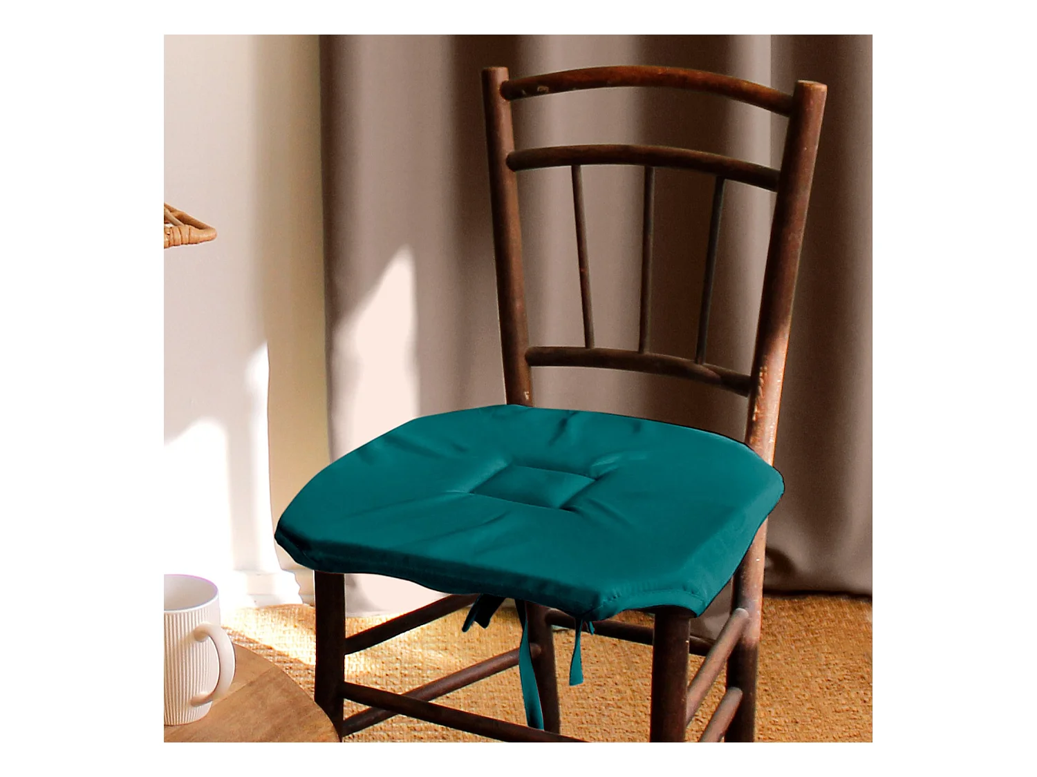 Lot de 4 galettes de chaise à rabat, 40x40 cm, émeraude, avec nouettes, 100% polyester certifié oeko-tex, collection Basic