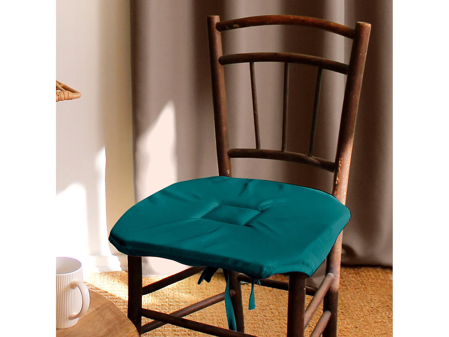 Lot de 4 galettes de chaise à rabat, 40x40 cm, émeraude, avec nouettes, 100% polyester certifié oeko-tex, collection Basic