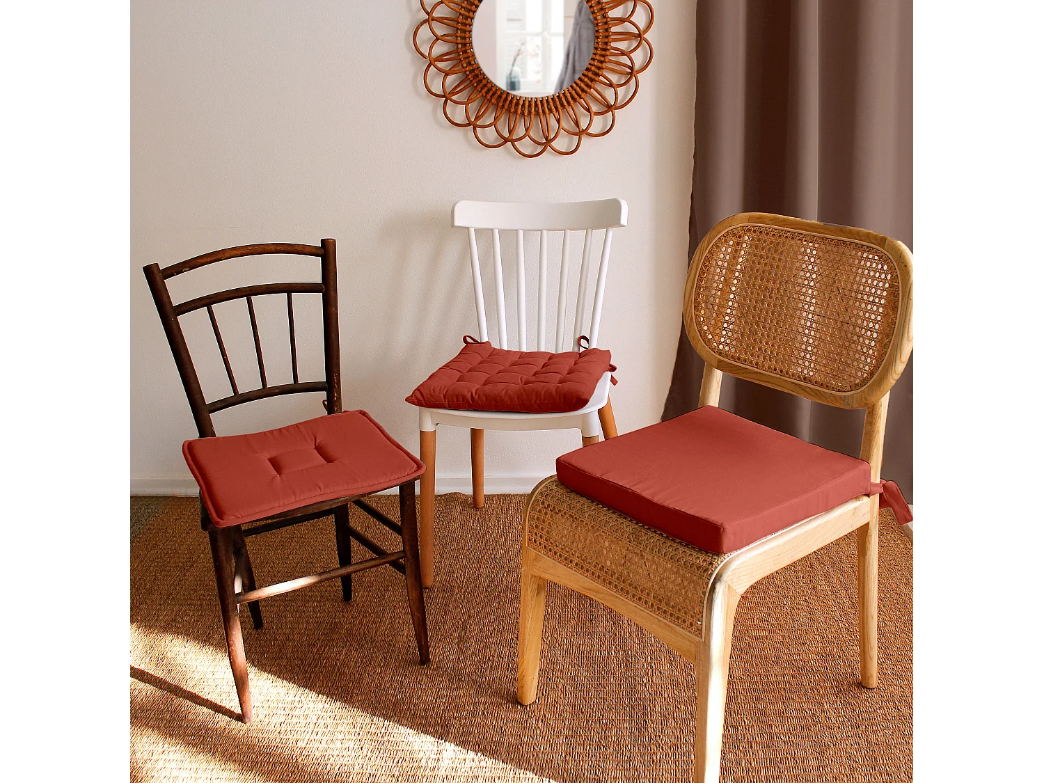 Lot de 6 galettes piquées, carré 38x38cm, terre cuite, avec nouettes, 100% coton, collection Panama