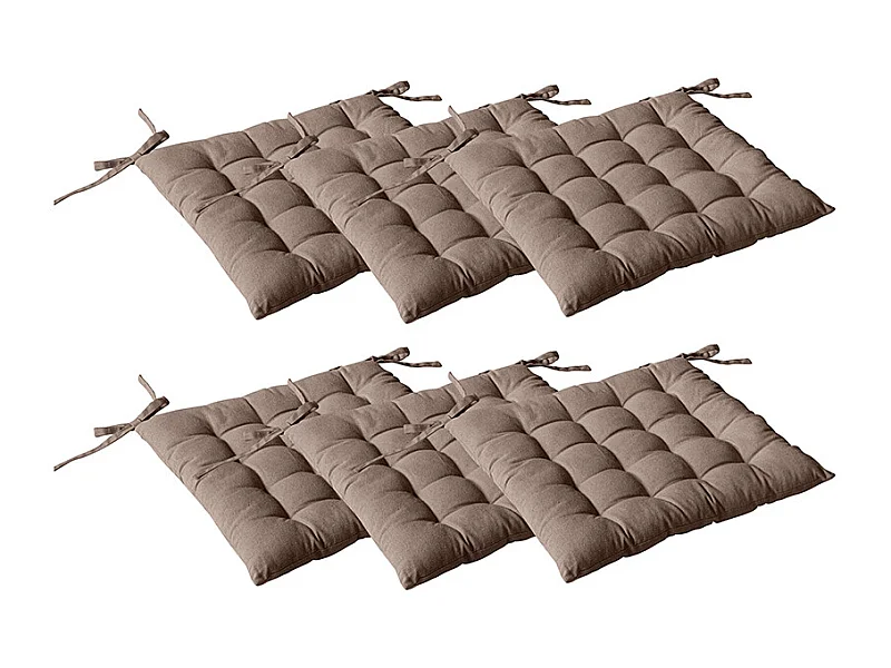 Lot de 6 galettes piquées, carré 38x38cm, marron vison, avec nouettes, 100% coton, collection Panama