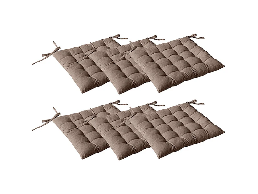 Lot de 6 galettes piquées, carré 38x38cm, marron vison, avec nouettes, 100% coton, collection Panama