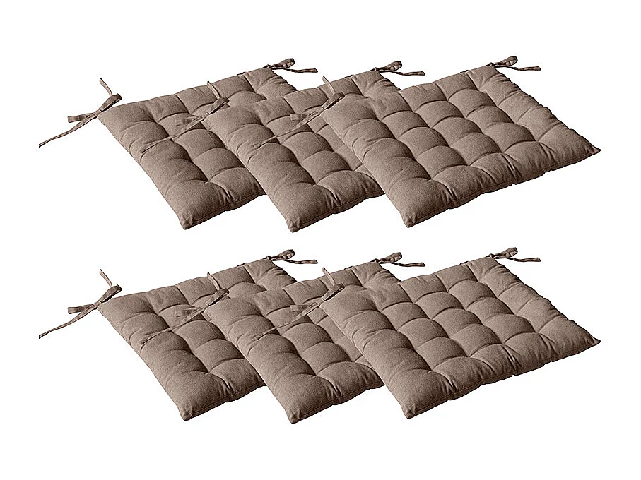 Lot de 6 galettes piquées, carré 38x38cm, marron vison, avec nouettes, 100% coton, collection Panama