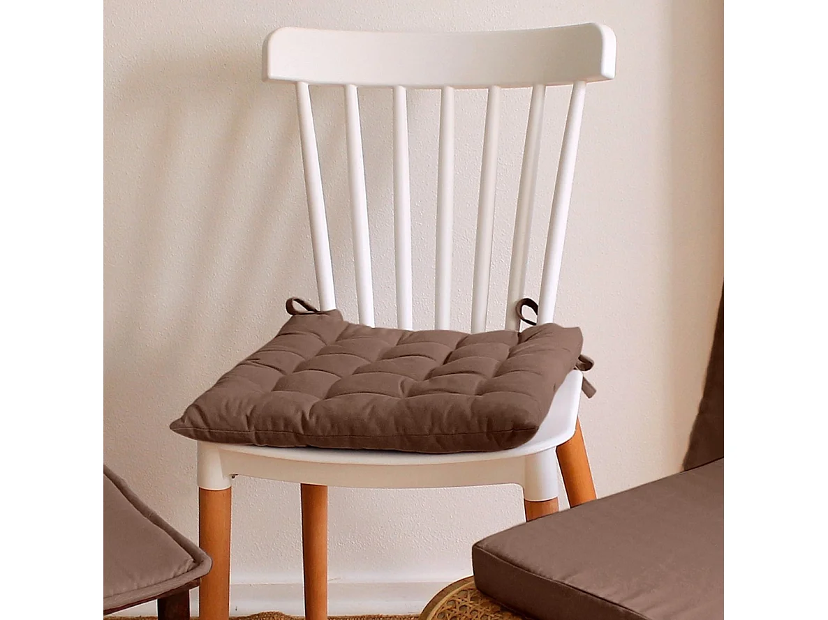 Lot de 6 galettes piquées, carré 38x38cm, marron vison, avec nouettes, 100% coton, collection Panama