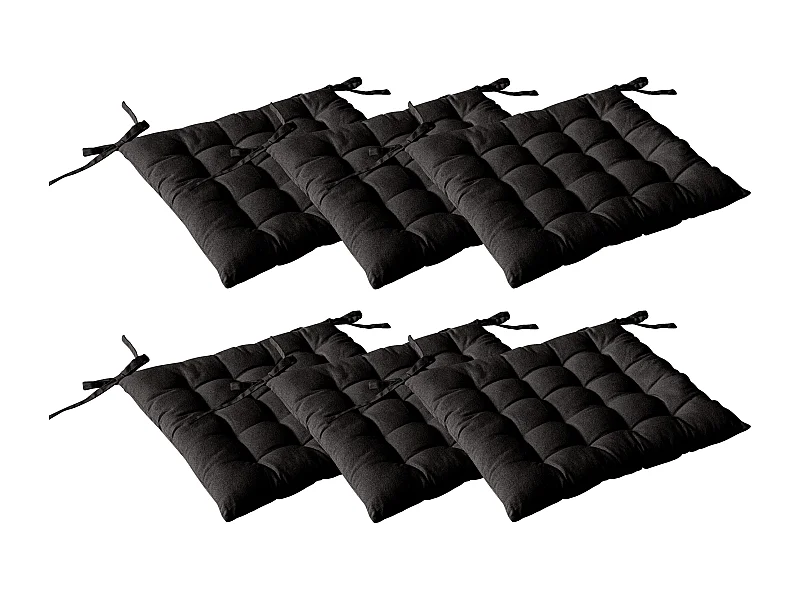 Lot de 6 galettes piquées, carré 38x38cm, noir, avec nouettes, 100% coton, collection Panama