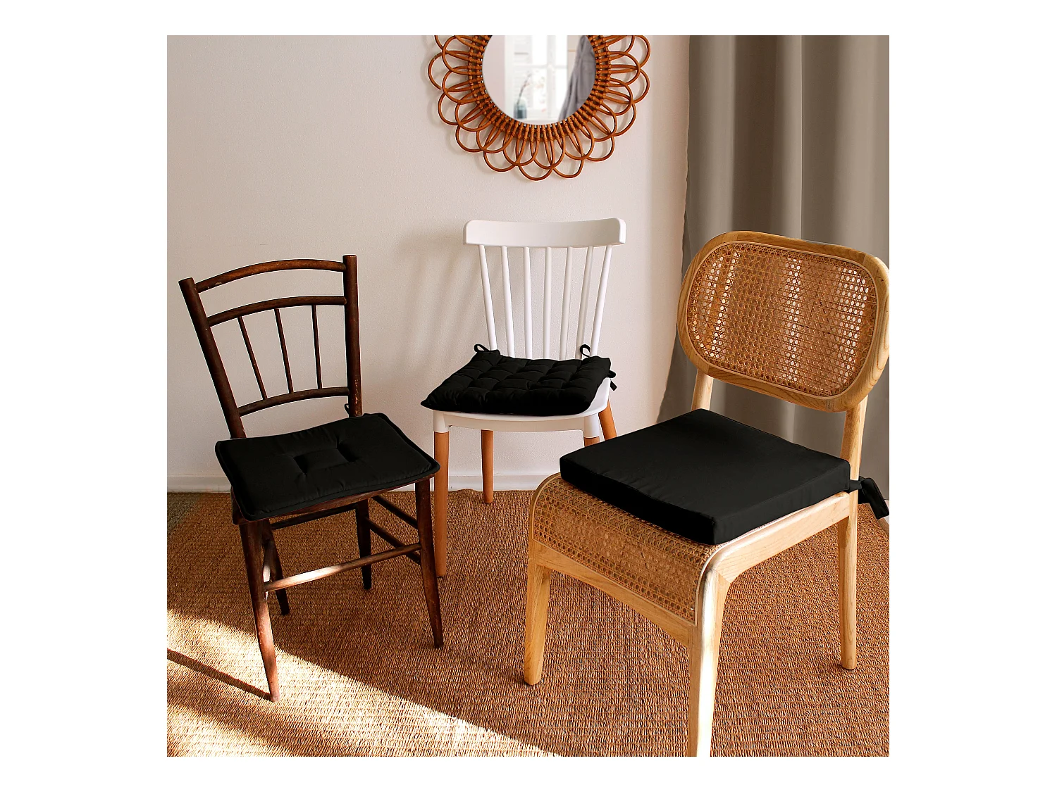 Lot de 6 galettes piquées, carré 38x38cm, noir, avec nouettes, 100% coton, collection Panama