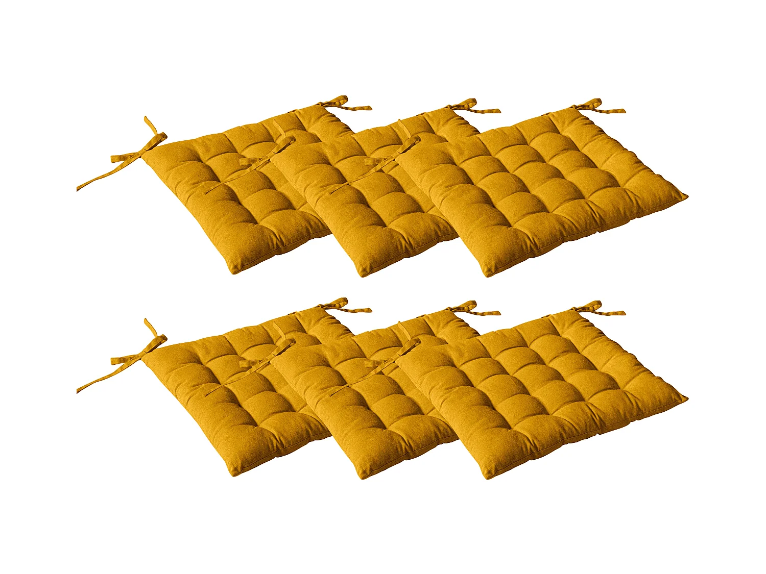 Lot de 6 galettes piquées, carré 38x38cm, jaune moutarde, avec nouettes, 100% coton, collection Panama