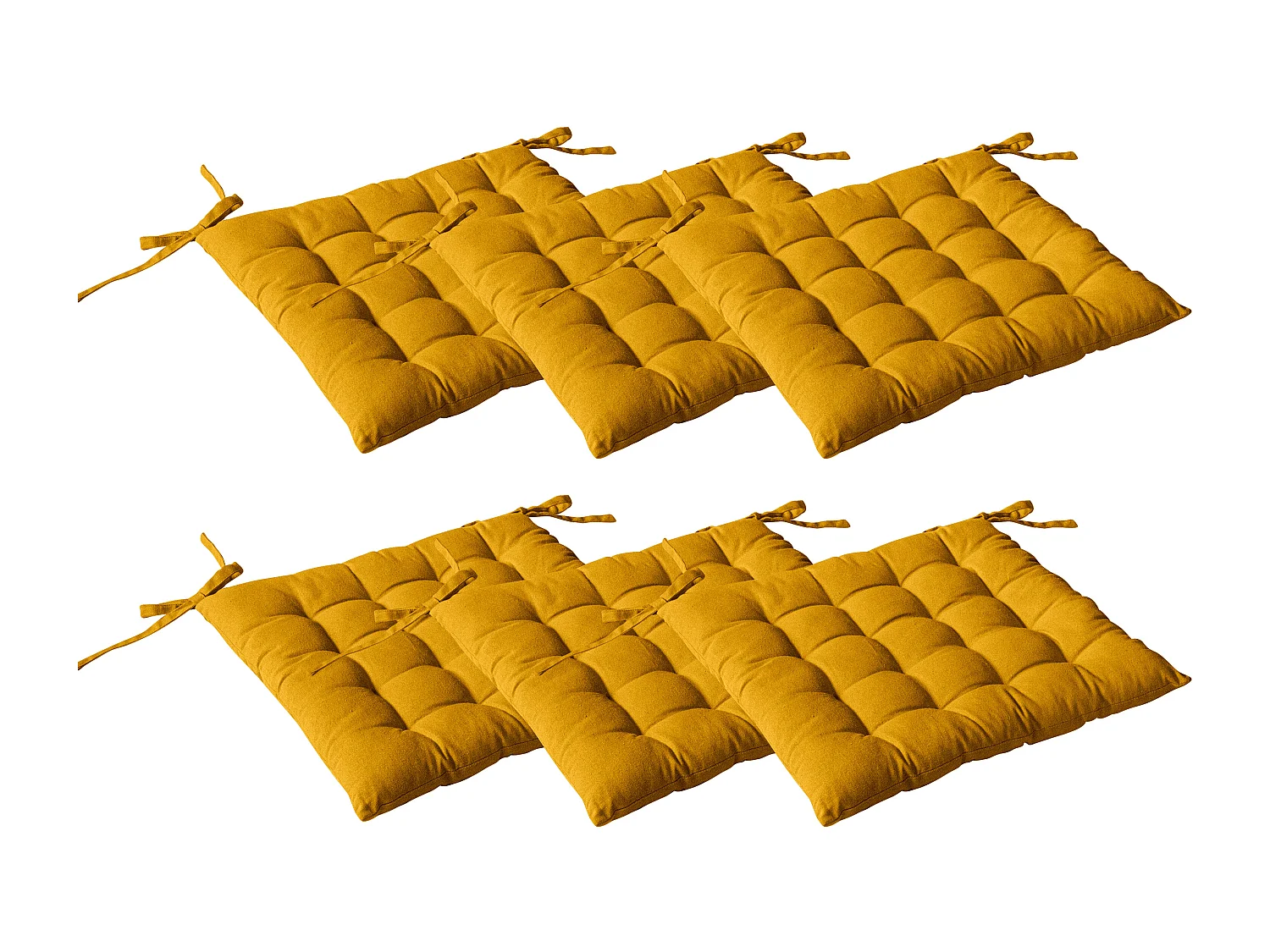 Lot de 6 galettes piquées, carré 38x38cm, jaune moutarde, avec nouettes, 100% coton, collection Panama