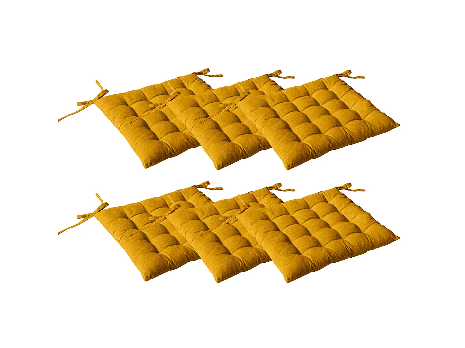 Set van 6 gewatteerde pasteitjes, vierkant 38x38cm, mosterdgeel, met knopen, 100% katoen, Panama collectie