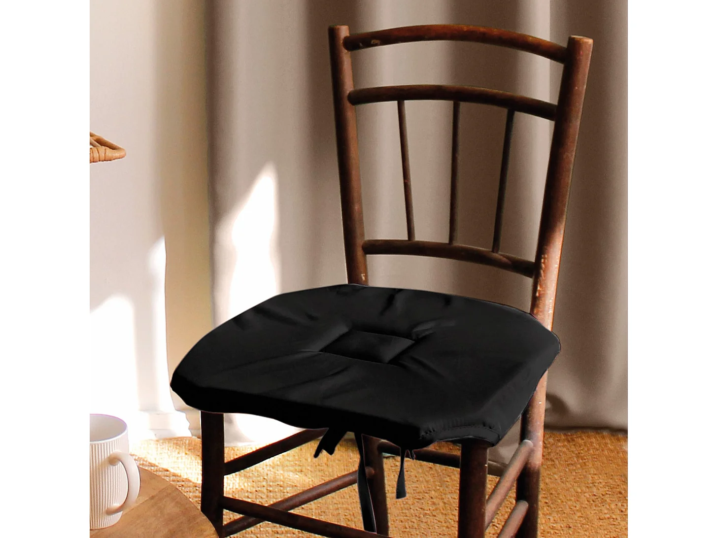 Lot de 4 galettes de chaise à rabat, 40x40 cm, noir, avec nouettes, 100% polyester certifié oeko-tex, collection Basic