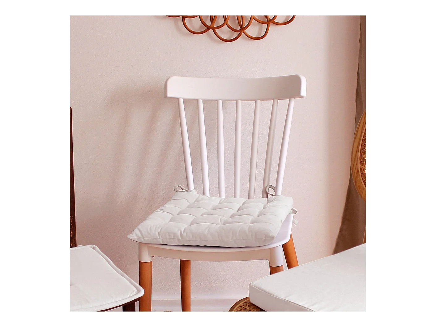 Lot de 6 galettes piquées, carré 38x38cm, blanc, avec nouettes, 100% coton, collection Panama