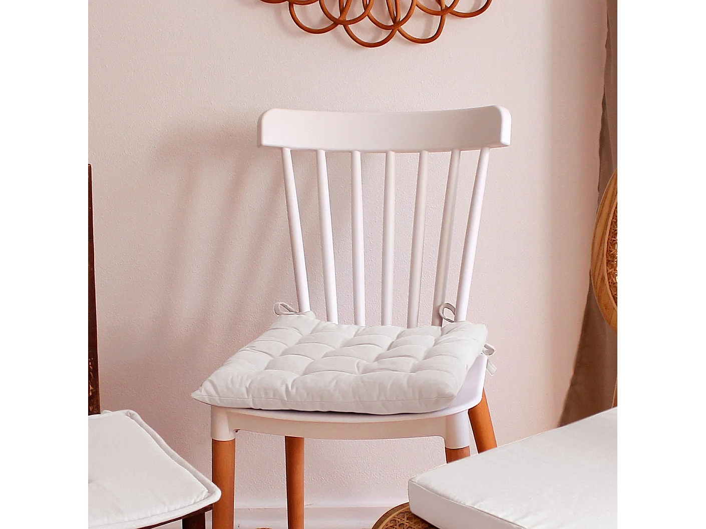 Lot de 6 galettes piquées, carré 38x38cm, blanc, avec nouettes, 100% coton, collection Panama