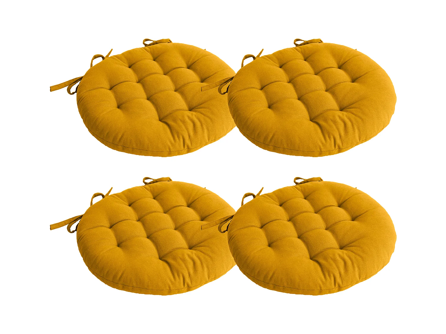 Lot de 4 galettes piquées, ronde 38cm, jaune moutarde, avec nouettes, 100% coton, collection Panama