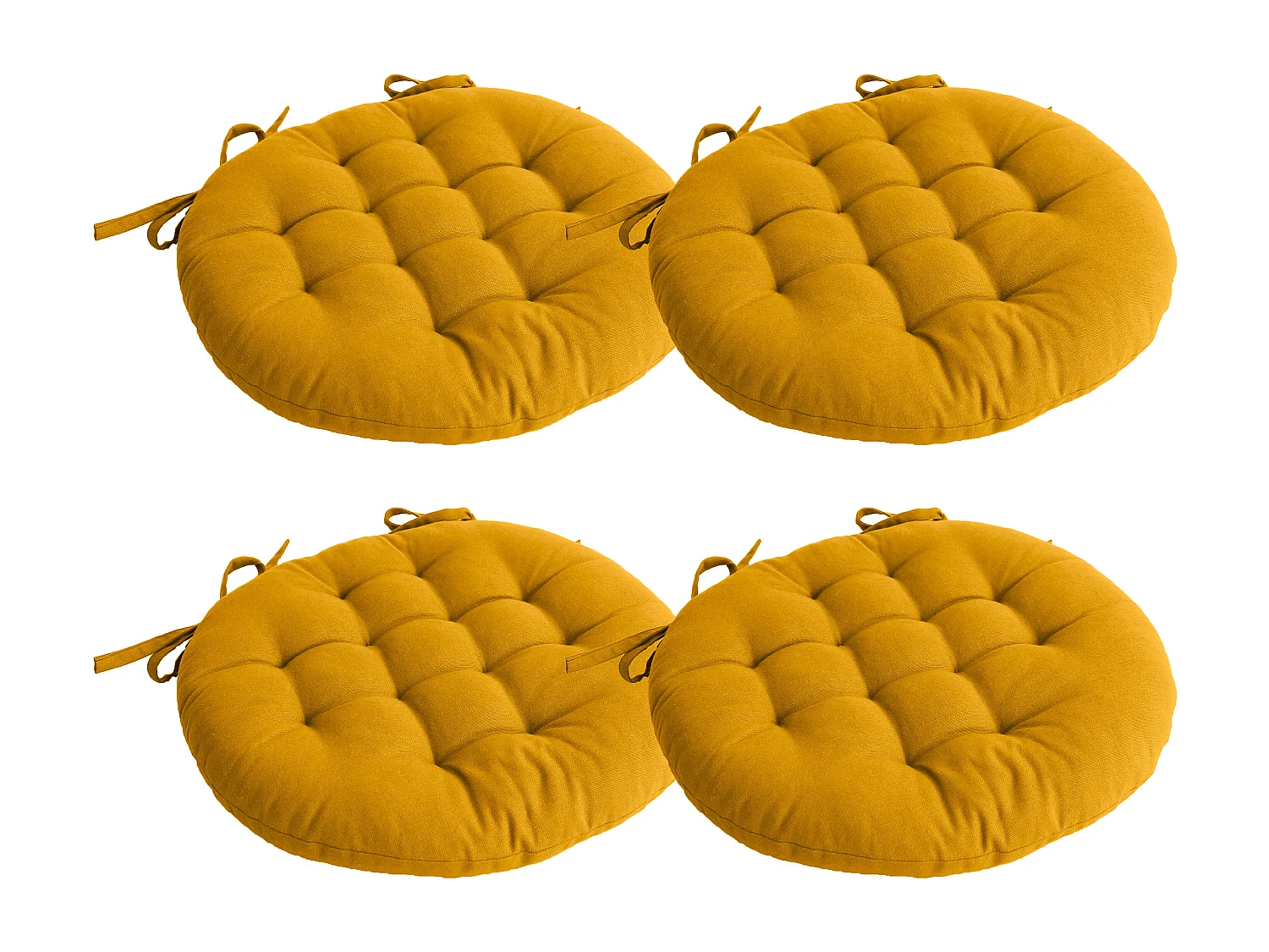 Lot de 4 galettes piquées, ronde 38cm, jaune moutarde, avec nouettes, 100% coton, collection Panama