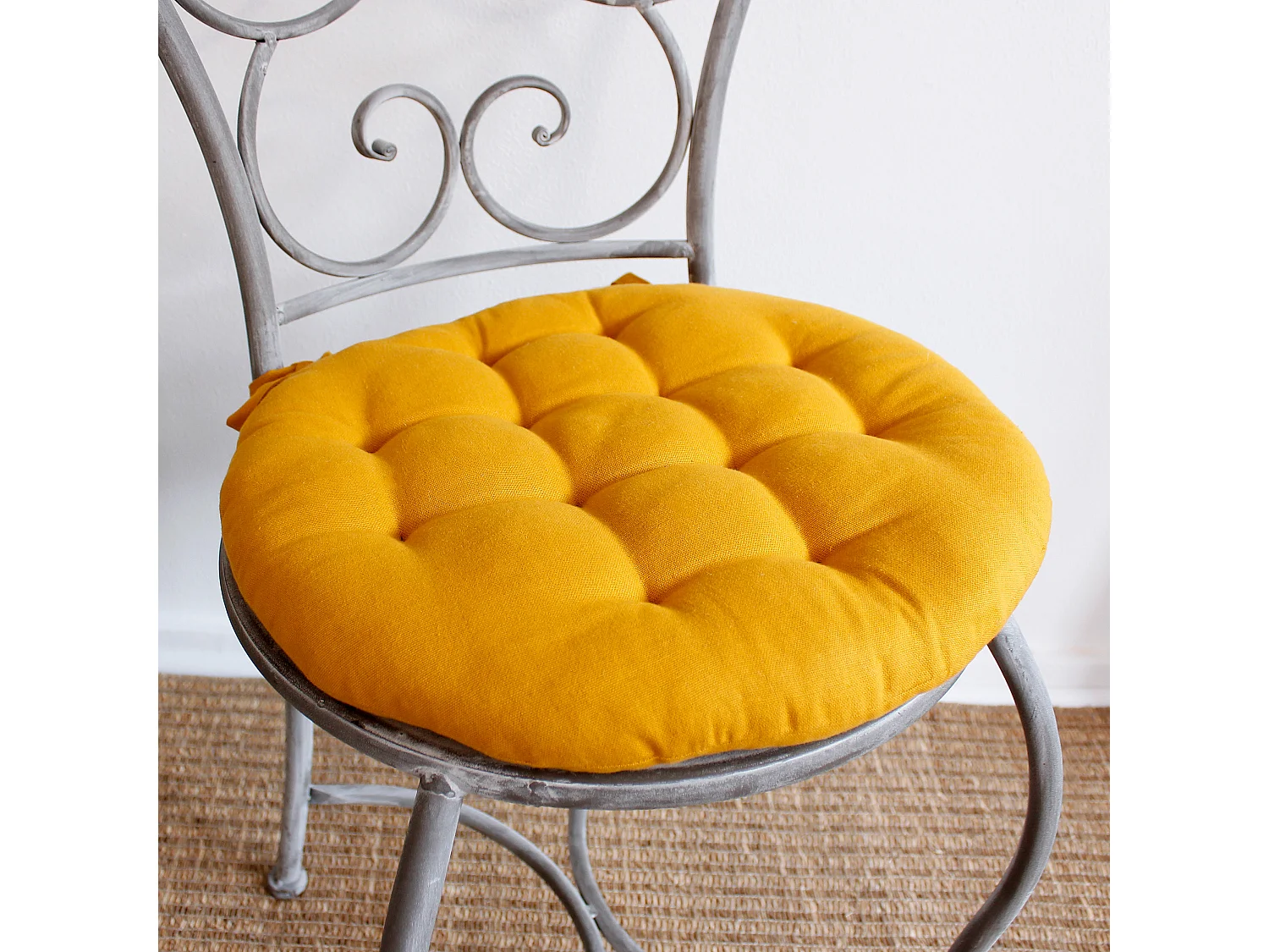 Lot de 4 Galettes Piquées, ronde 38cm, Avec nouettes, 100% coton, Collection Panama, CMADECO - Jaune