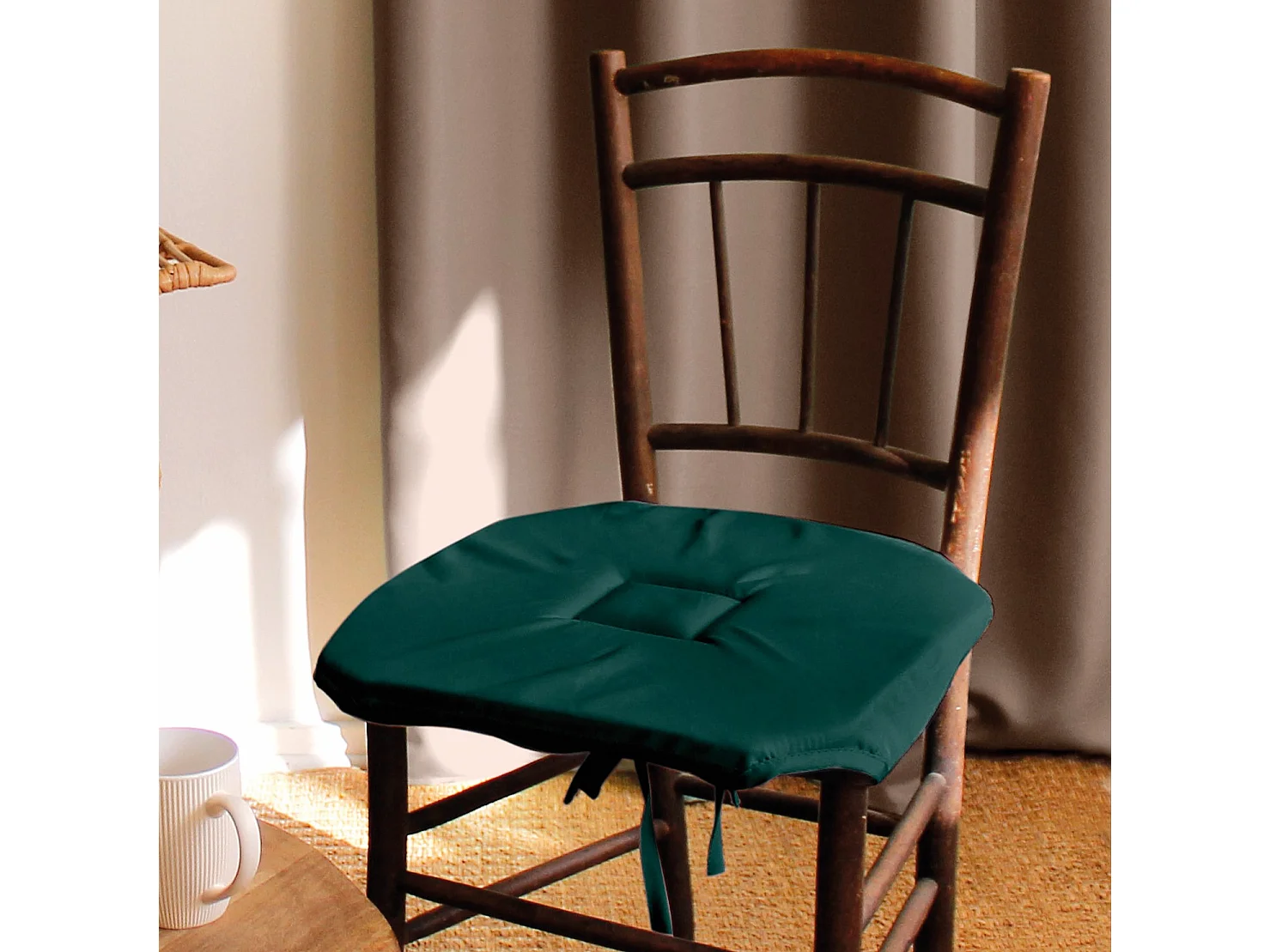 Lot de 4 galettes de chaise à rabat, 40x40 cm, vert foncé, nouettes, 100% polyester certifié oeko-tex, collection Basic