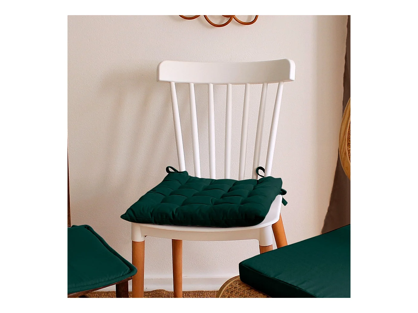 Lot de 6 galettes piquées, carré 38x38cm, vert foncé, avec nouettes, 100% coton, collection Panama