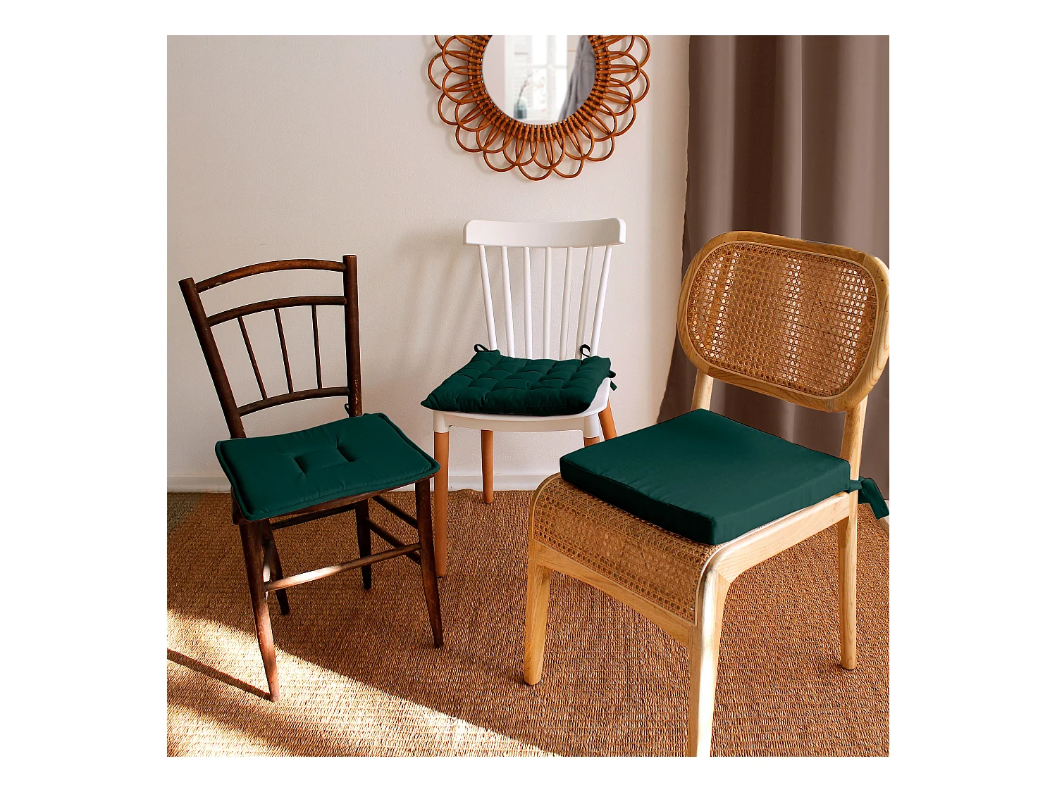 Lot de 6 galettes piquées, carré 38x38cm, vert foncé, avec nouettes, 100% coton, collection Panama