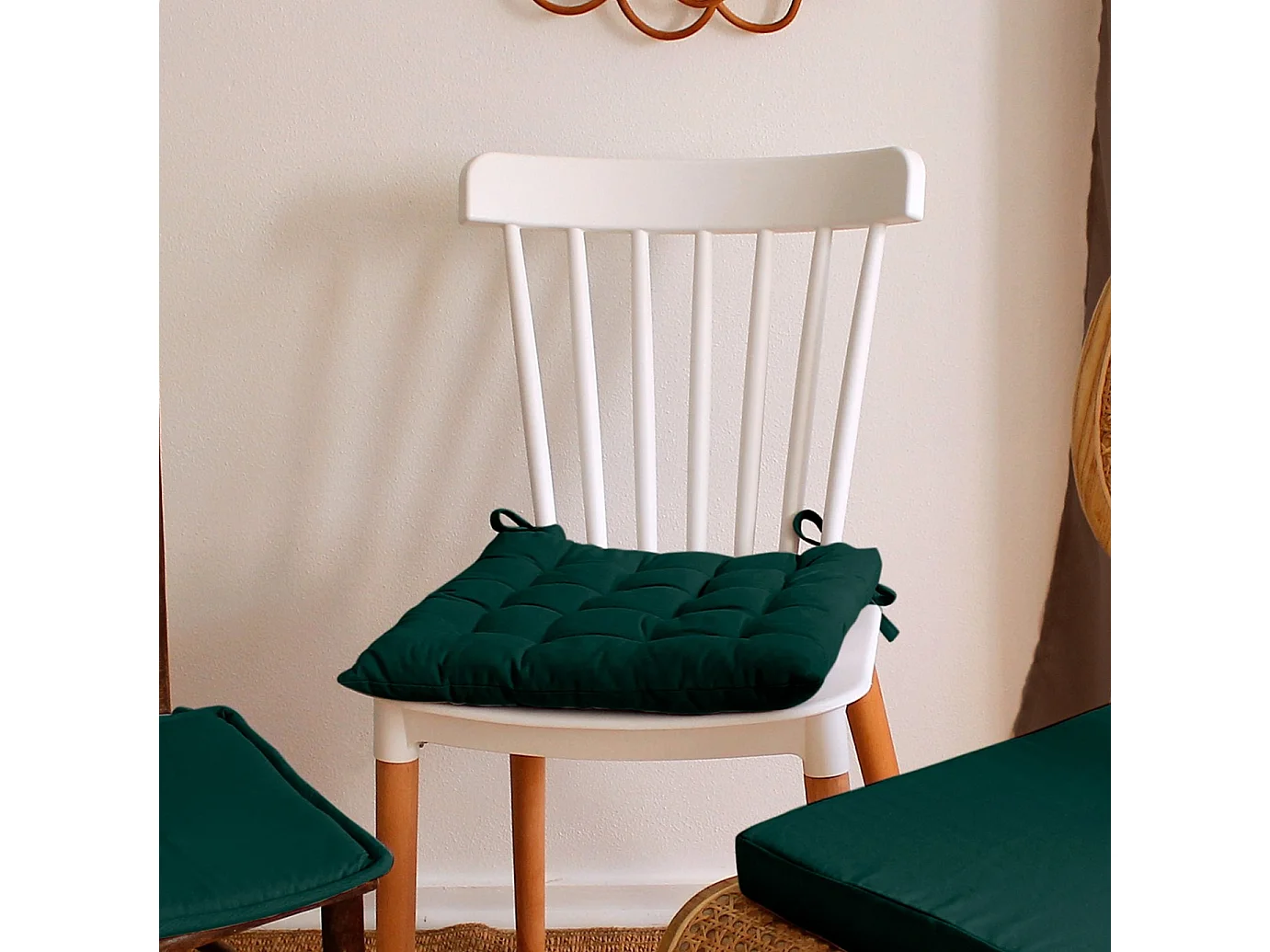Lot de 6 galettes piquées, carré 38x38cm, Avec nouettes, 100% coton, Collection Panama, CMADECO - Vert