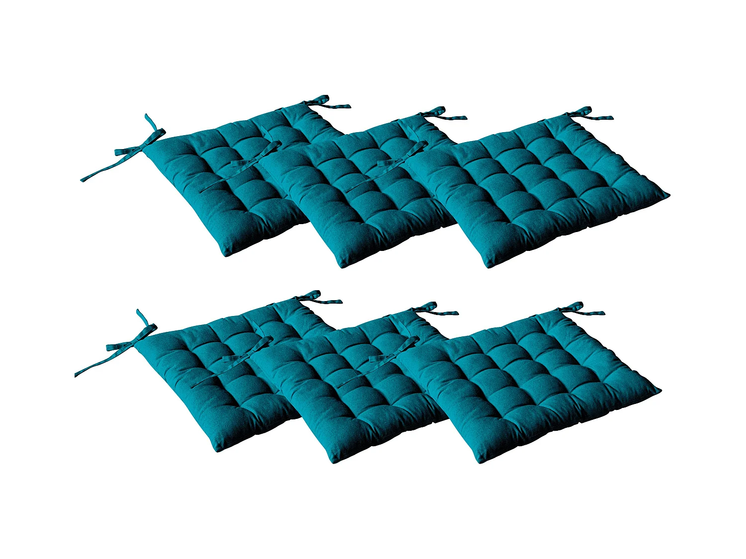 Lot de 6 galettes piquées, carré 38x38cm, bleu canard, avec nouettes, 100% coton, collection Panama