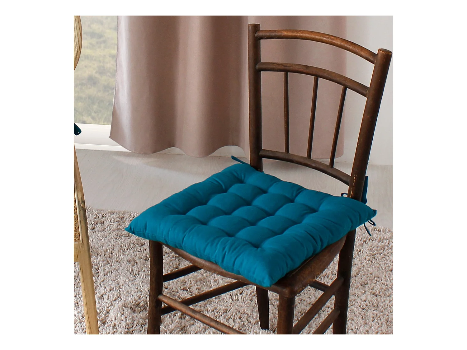 Lot de 6 galettes piquées, carré 38x38cm, bleu canard, avec nouettes, 100% coton, collection Panama