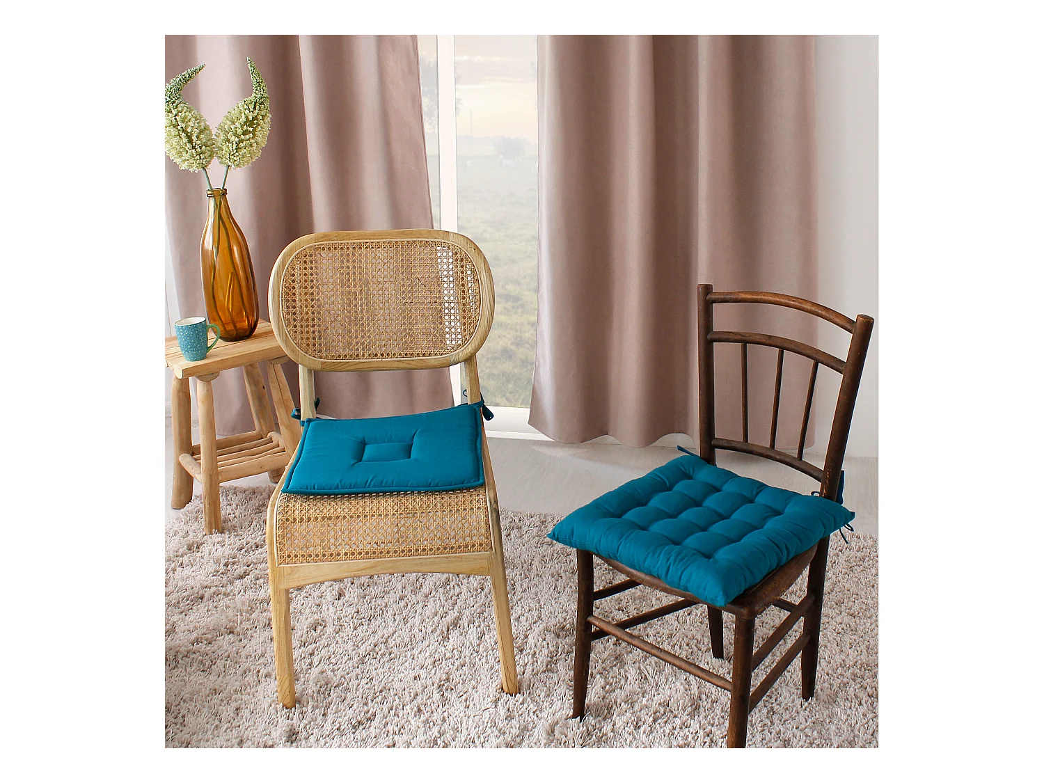 Lot de 6 galettes piquées, carré 38x38cm, bleu canard, avec nouettes, 100% coton, collection Panama