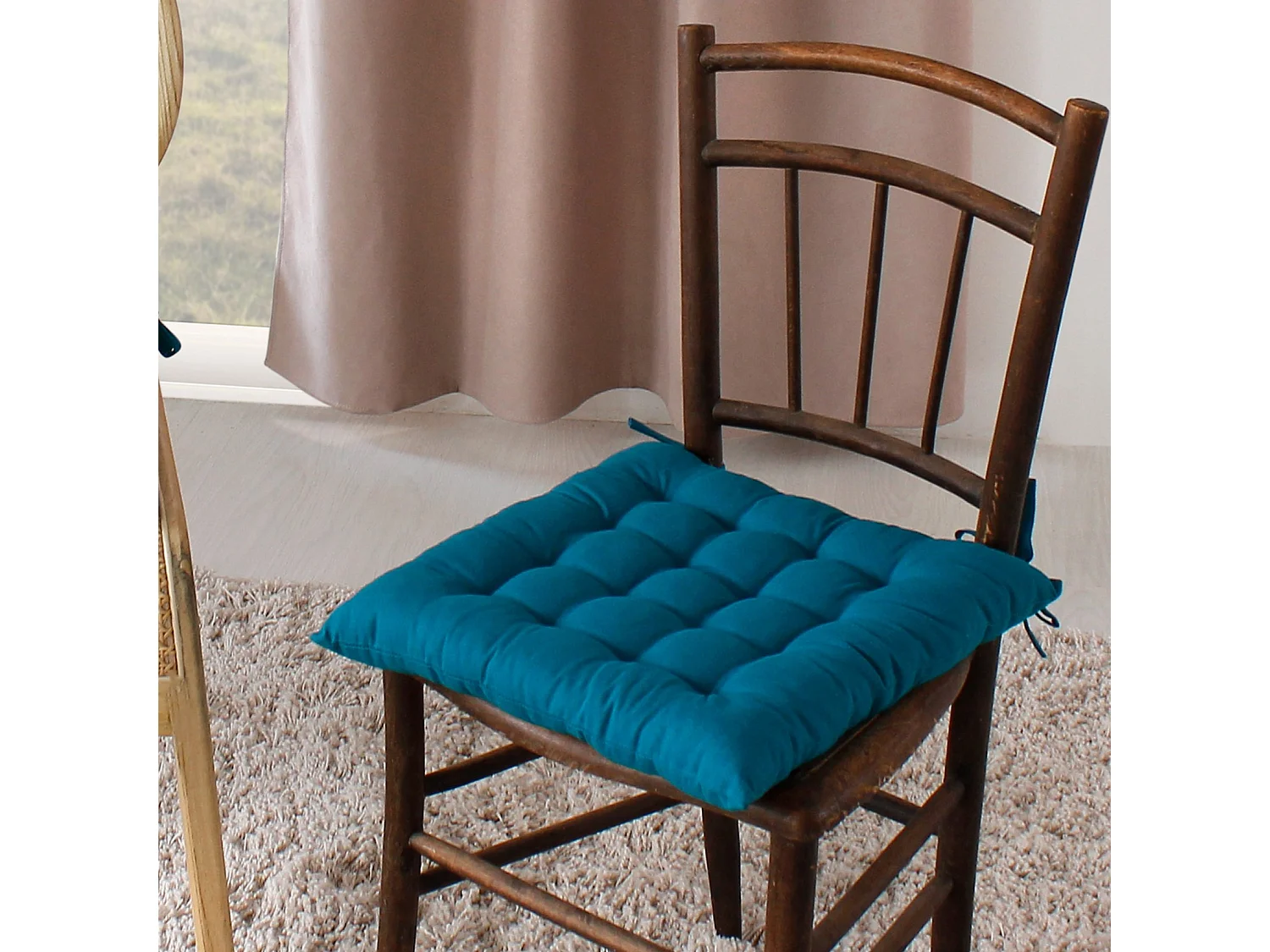 Lot de 6 galettes piquées, carré 38x38cm, bleu canard, avec nouettes, 100% coton, collection Panama