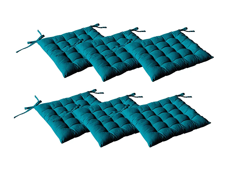 Set van 6 gewatteerde pasteitjes, vierkant 38x38cm, eendblauw, met knopen, 100% katoen, Panama collectie