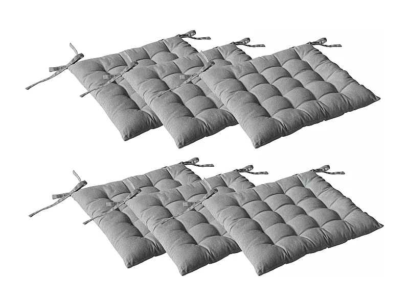 Lot de 6 galettes piquées, carré 38x38cm, gris clair, avec nouettes, 100% coton, collection Panama