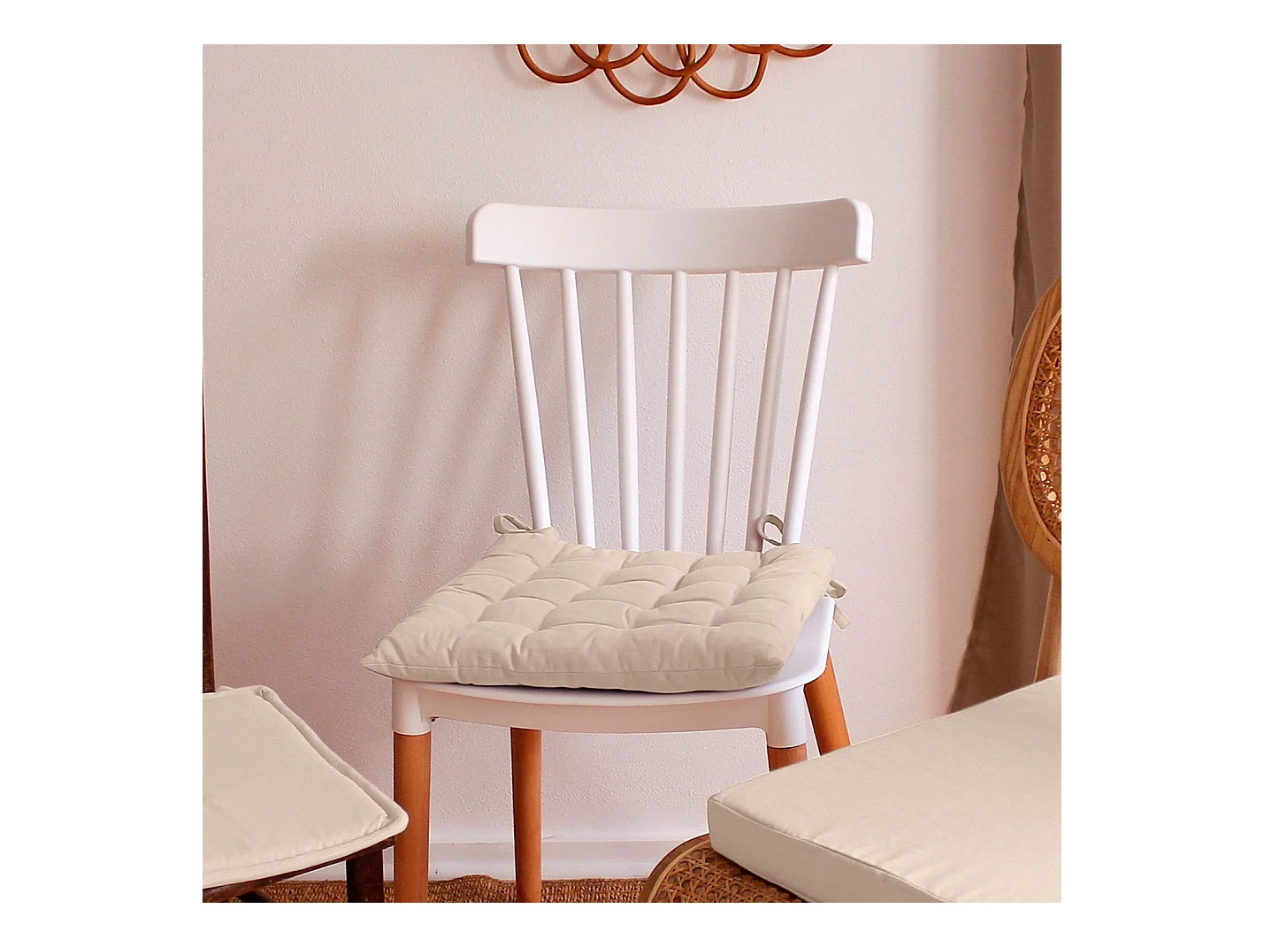 Lot de 6 galettes piquées, carré 38x38cm, écru, avec nouettes, 100% coton, collection Panama