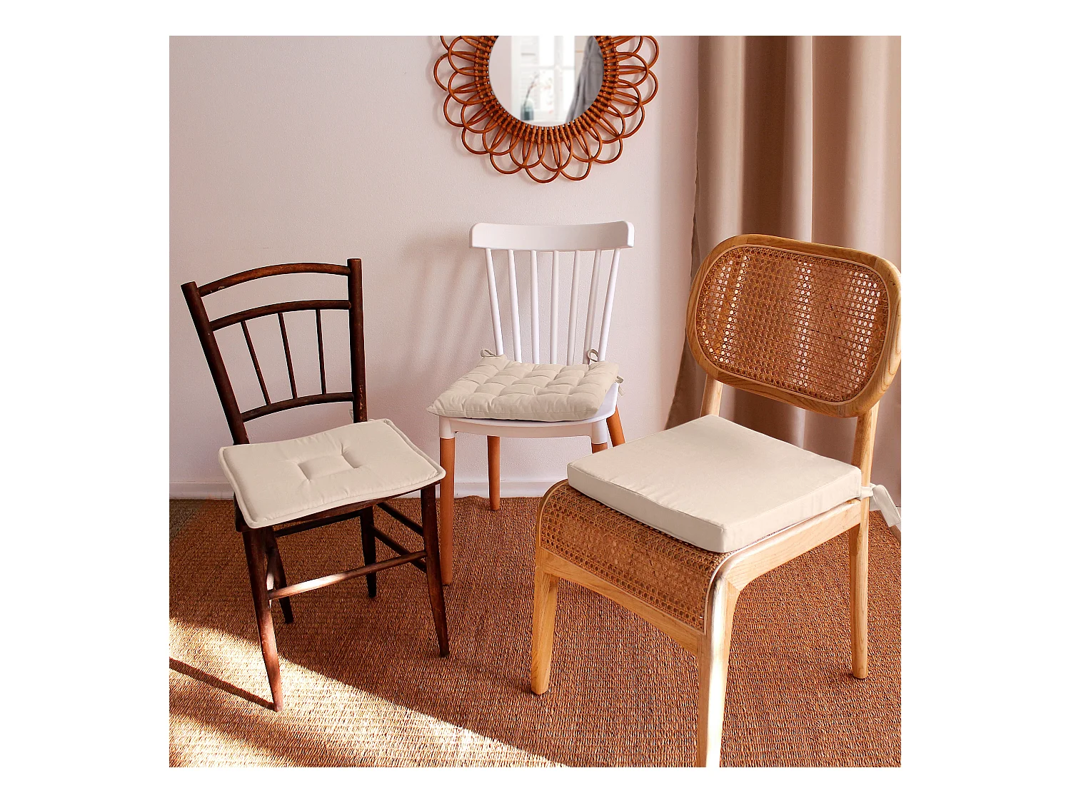 Lot de 6 galettes piquées, carré 38x38cm, écru, avec nouettes, 100% coton, collection Panama