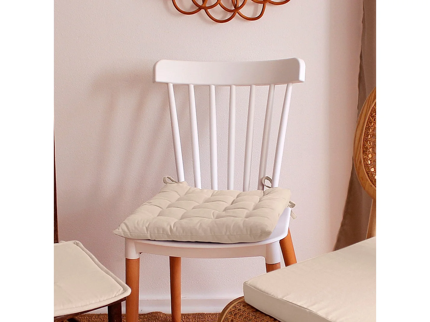 Lot de 6 galettes piquées, carré 38x38cm, écru, avec nouettes, 100% coton, collection Panama