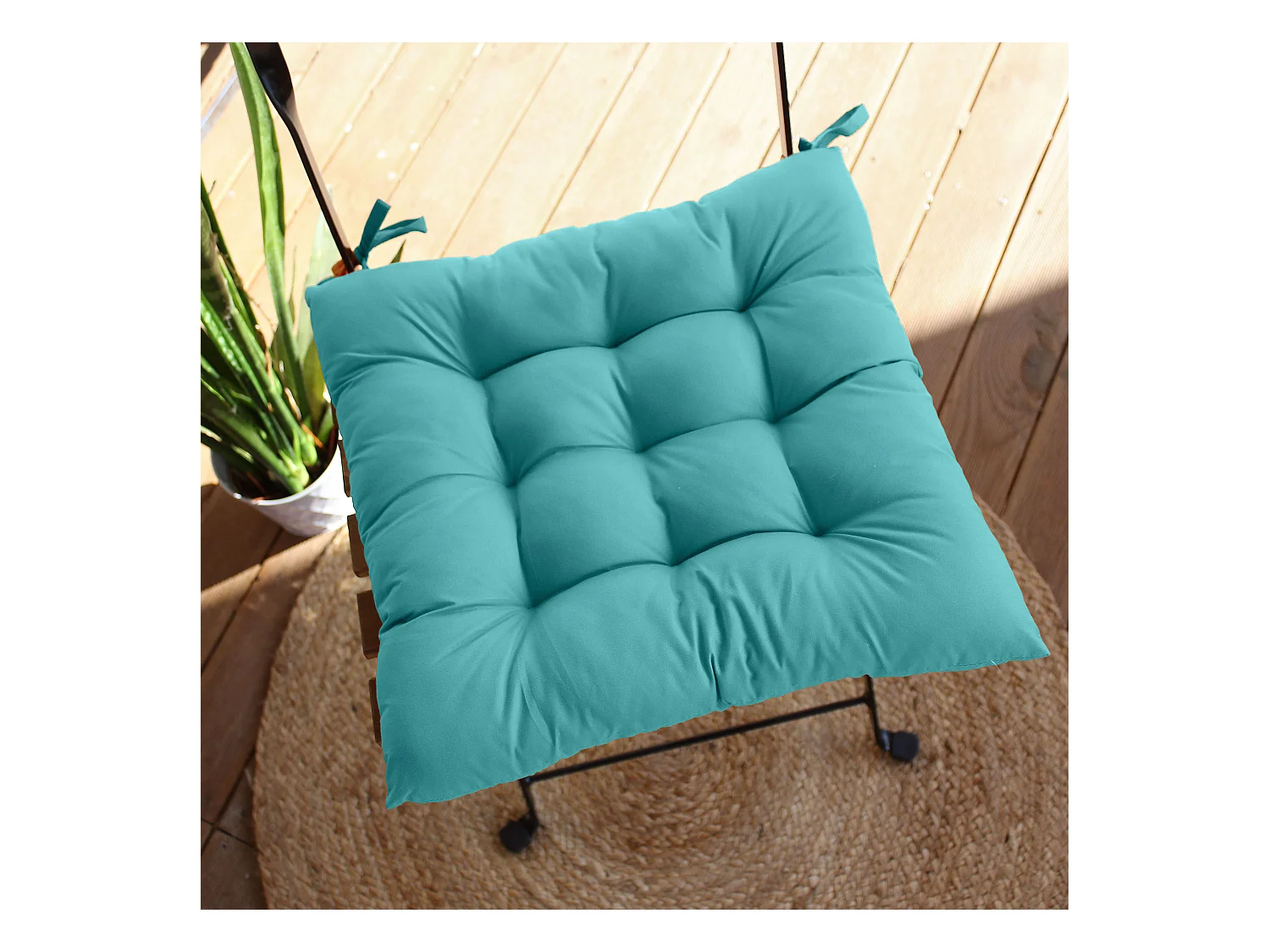 4 galettes de chaise, turquoise, carré 36x36cm, tissu déperlant et anti-UV, collection Costa