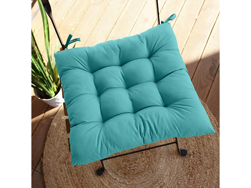 4 galettes de chaise, turquoise, carré 36x36cm, tissu déperlant et anti-UV, collection Costa