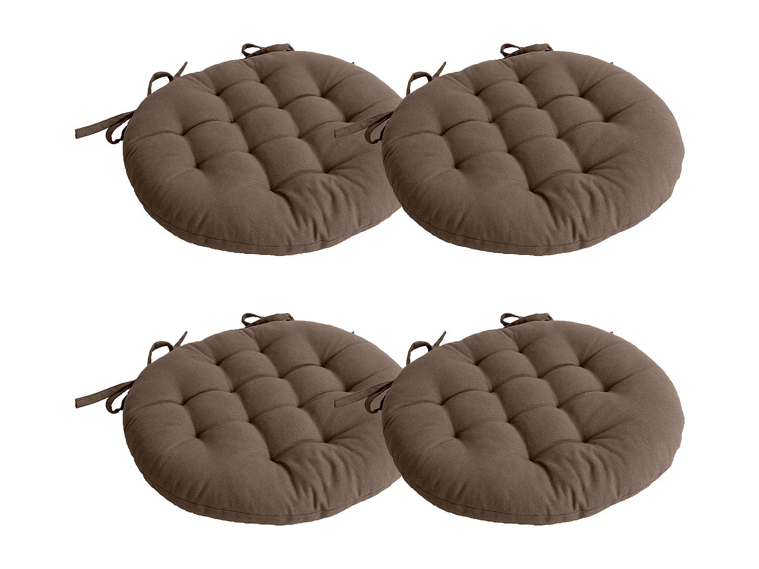 Lot de 4 galettes piquées, ronde 38cm, marron vison, avec nouettes, 100% coton, collection Panama