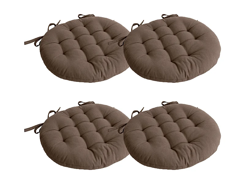 Lot de 4 galettes piquées, ronde 38cm, marron vison, avec nouettes, 100% coton, collection Panama