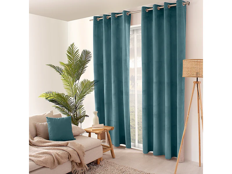 Set van 2 gordijnen met zeilringen, 140x240cm, laguneblauw, fluweel, Nounours collectie