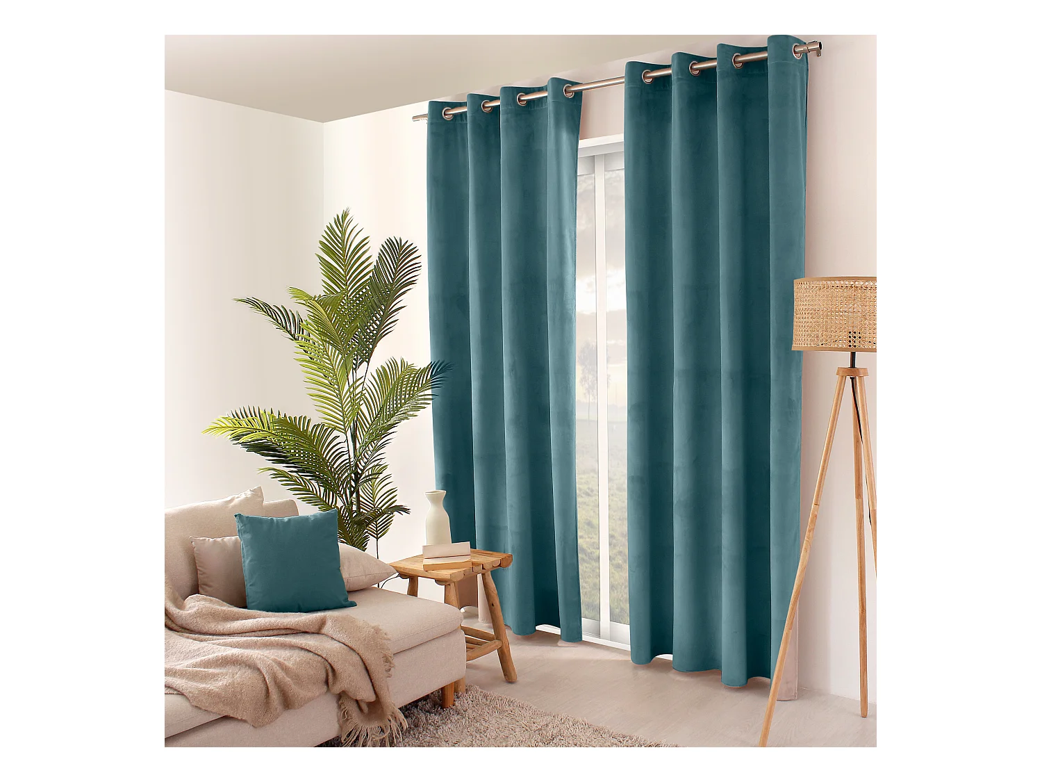 Lot de 2 rideaux avec oeillets, 140x240cm, bleu lagon, velours, collection Nounours