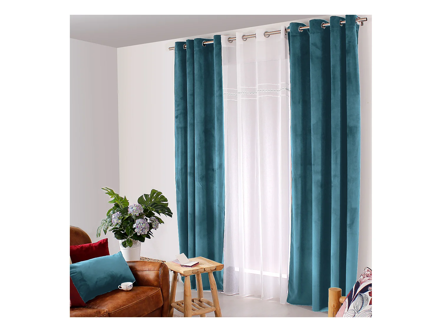 Lot de 2 rideaux avec oeillets, 140x240cm, bleu lagon, velours, collection Nounours