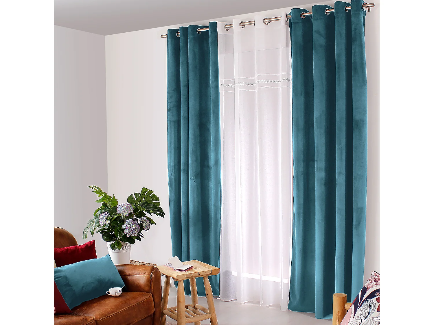 Lot de 2 rideaux avec oeillets, 140x240cm, bleu lagon, velours, collection Nounours