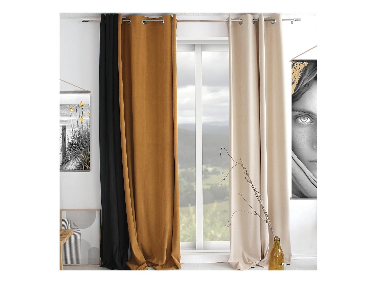 Lot de 2 Rideaux avec Œillets, Noir, Grande Hauteur, 140x260cm, Velours Ras, Collection Calin