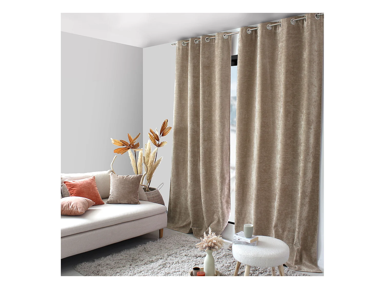 Lot de 2 Rideaux Thermique avec Œillets, Naturel, Grande Hauteur, 140x260cm, Velours, Collection Velvet