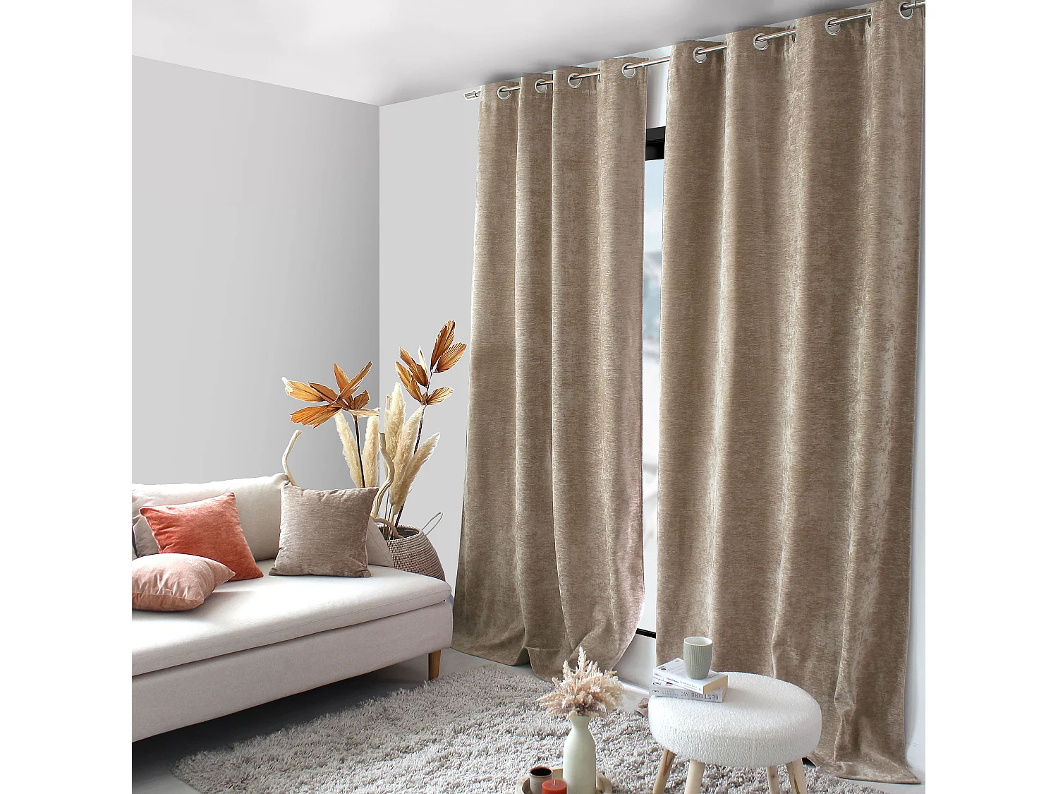 Lot de 2 Rideaux Thermique avec Œillets, Grande Hauteur, 140x260cm, Velours, Collection Velvet, CMADECO - Beige