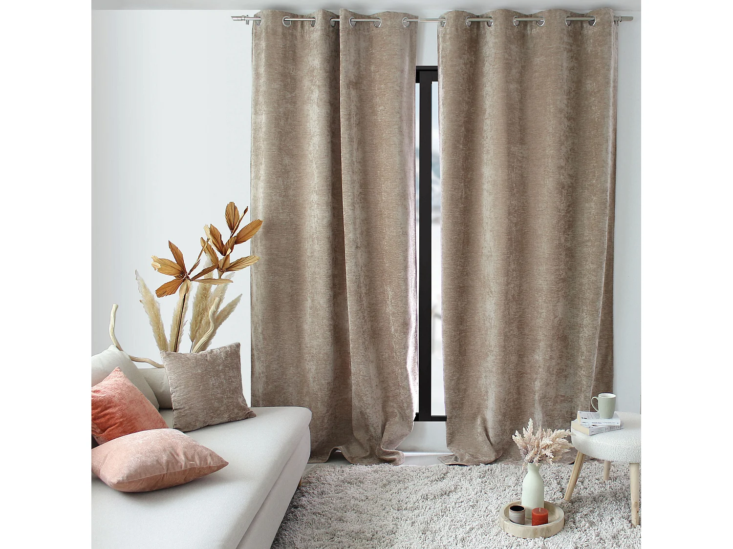 Lot de 2 Rideaux Thermique avec Œillets, Grande Hauteur, 140x260cm, Velours, Collection Velvet, CMADECO - Beige