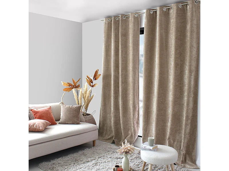 Lot de 2 Rideaux Thermique avec Œillets, Naturel, Grande Hauteur, 140x260cm, Velours, Collection Velvet