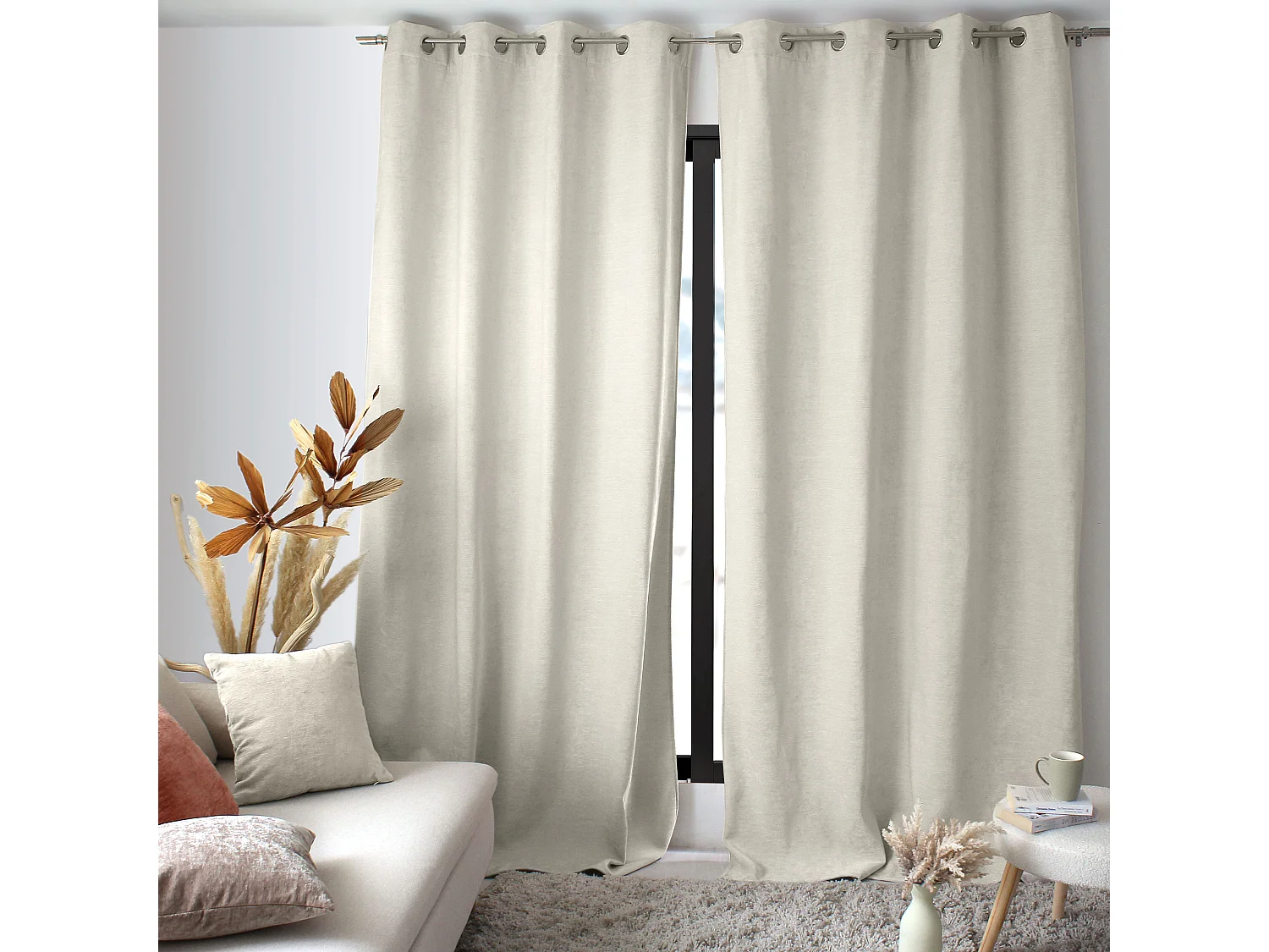 Lot de 2 Rideaux Thermique avec Œillets, Ecru, Grande Hauteur, 140x260cm, Velours, Collection Velvet