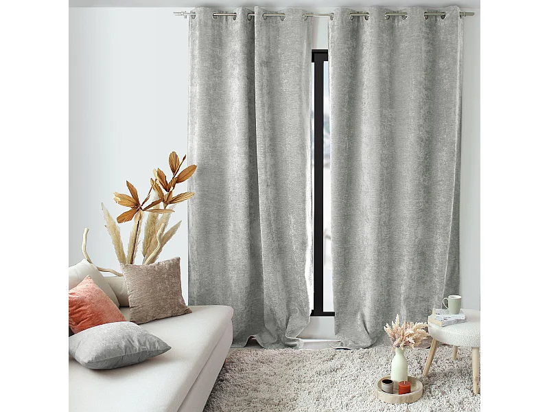 Lot de 2 Rideaux Thermique avec Œillets, Gris Clair, Grande Hauteur, 140x260cm, Velours, Collection Velvet