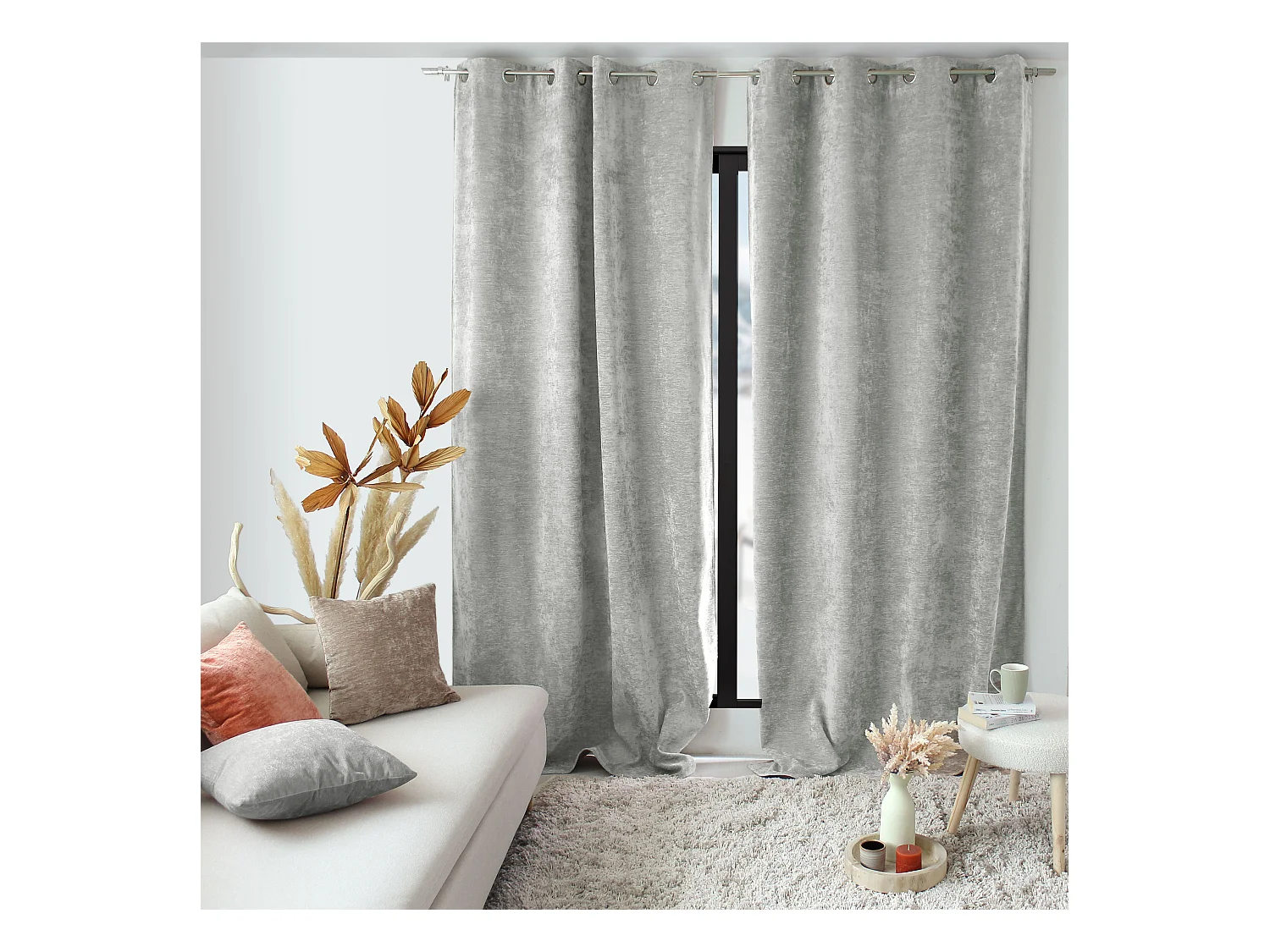 Lot de 2 Rideaux Thermique avec Œillets, Gris Clair, Grande Hauteur, 140x260cm, Velours, Collection Velvet