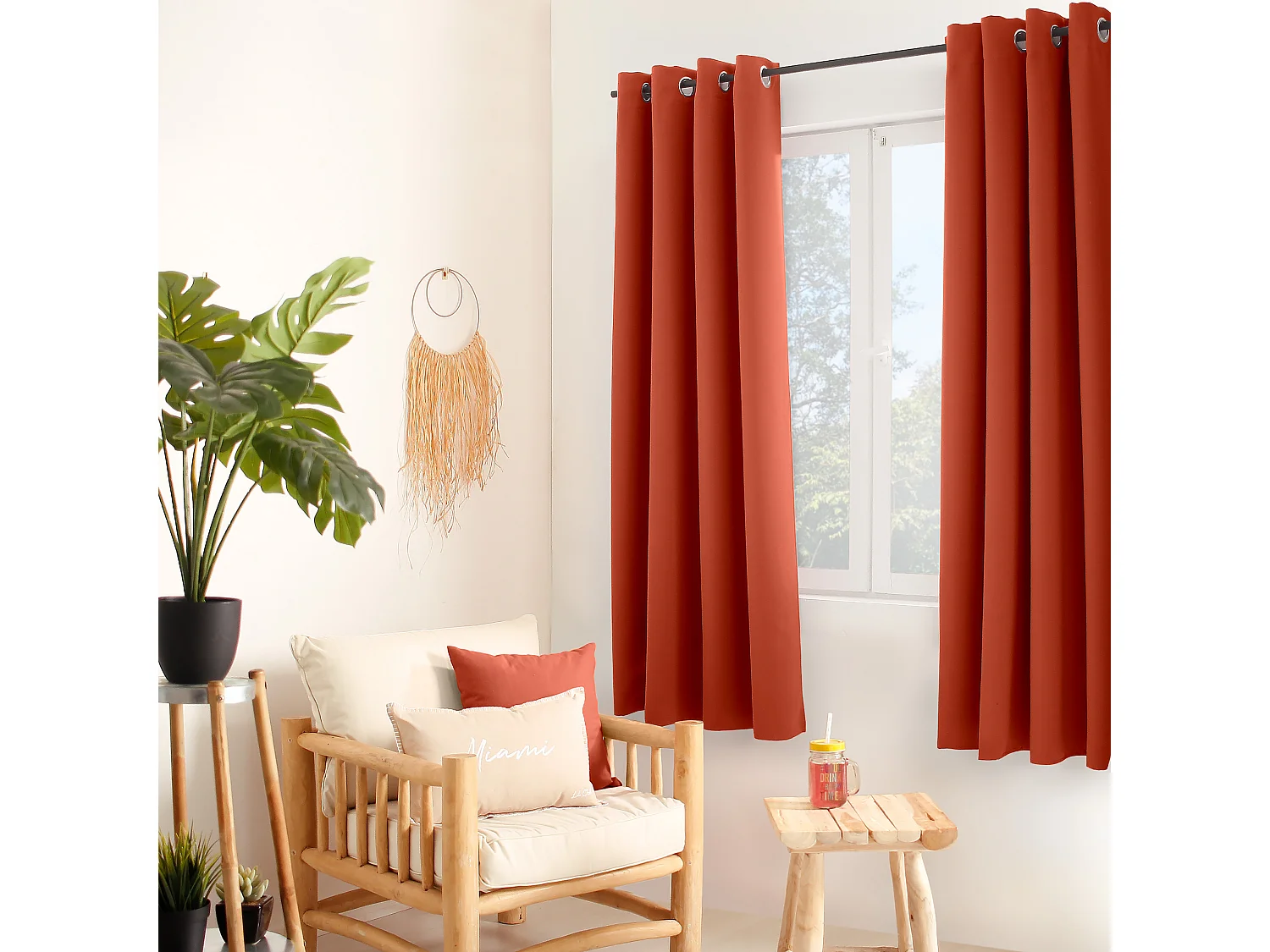 Set van 2 verduisterende gordijnen met zeilringen, terracotta, 140x180cm, 100% polyester, Reglisse collectie