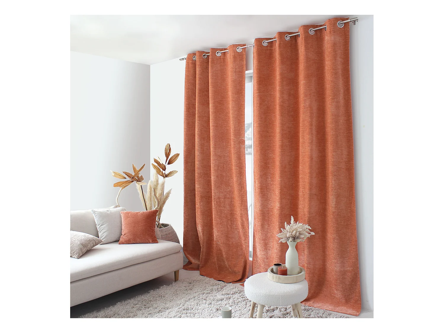 Lot de 2 Rideaux Thermique avec Œillets, Orange Cuivre, Grande Hauteur, 140x260cm, Velours, Collection Velvet
